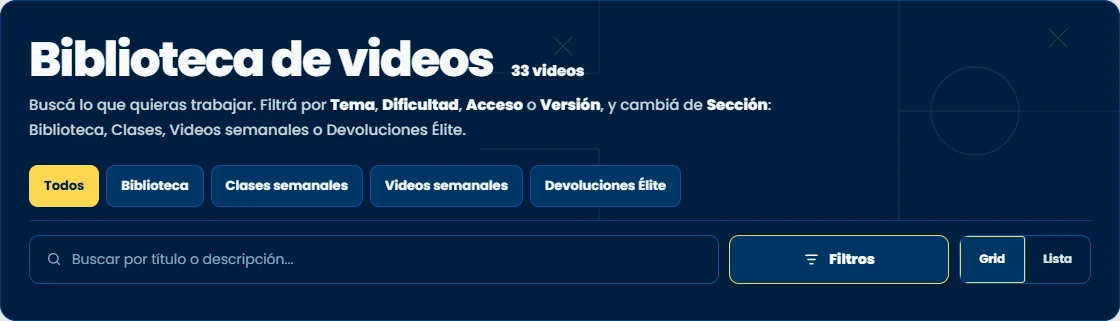 Cabecera real de la biblioteca de la Academia con secciones, búsqueda y filtros