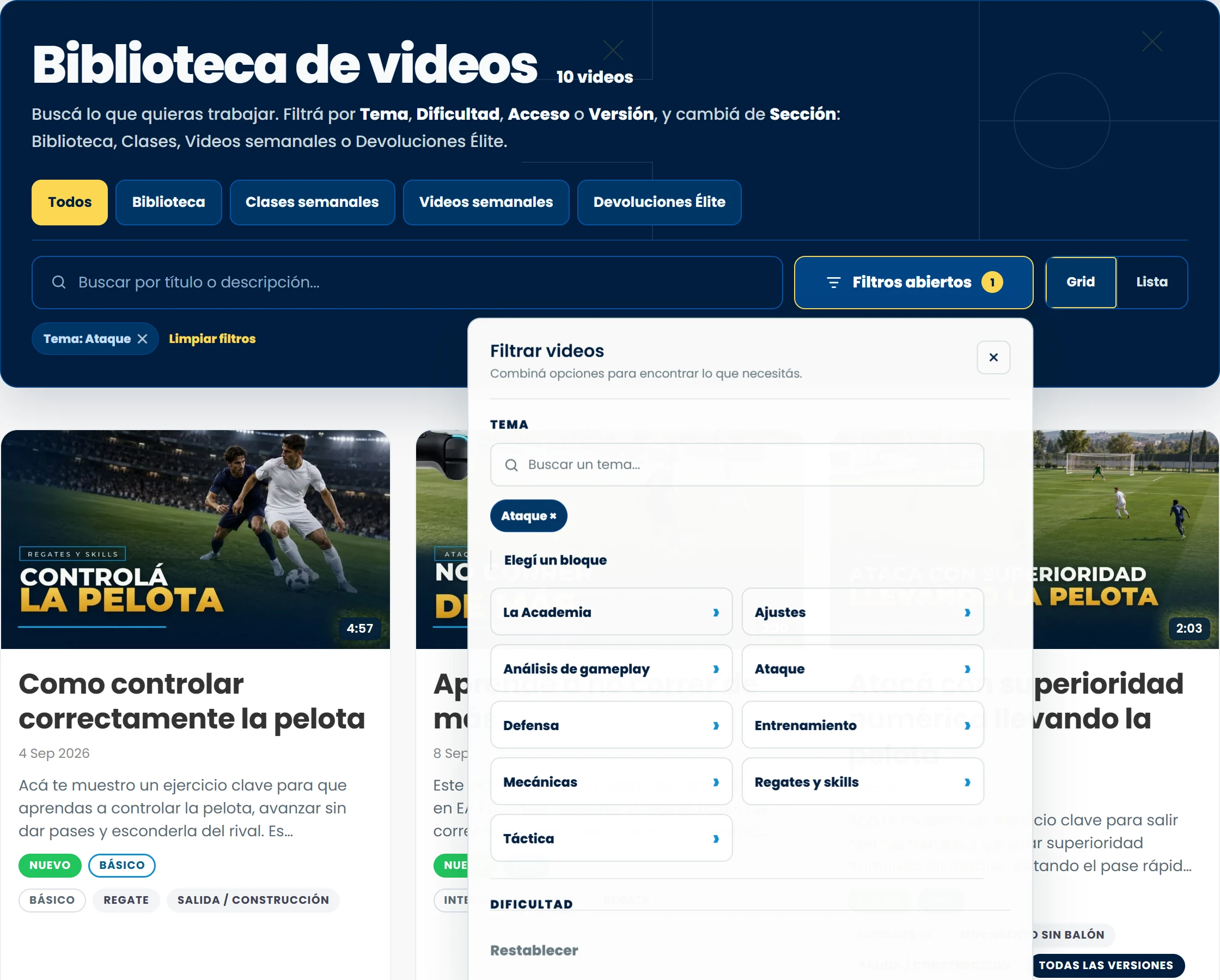 Panel real de filtros por tema, dificultad, acceso y versión